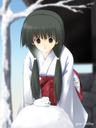 Rule 34 | 1girl, :d, bare tree, black eyes, black hair, blurry, breath, cowboy shot, depth of field, hair over shoulder, hakama, hakama skirt, japanese clothes, kimono, leaning forward, long hair, long sleeves, looking down, low twintails, miko, mouse (animal), new year, open mouth, original, red hakama, skirt, smile, snow, snow rabbit, solo, tree, twintails, wide sleeves, winter, zenzen, zenzen (onestep)