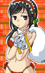Rule 34 | 1girl, bare shoulders, beads, bikini, black hair, brown eyes, carrying over shoulder, christmas, expressionless, frills, fur trim, hair beads, hair ornament, hairband, low twintails, lowres, navel, original, over shoulder, plaid, plaid background, red background, red bikini, sack, side-tie bikini bottom, solo, stomach, swimsuit, twintails