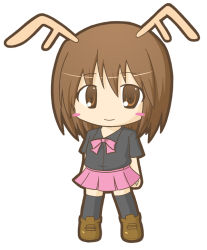 Rule 34 | 1girl, antlers, black shirt, black thighhighs, blush stickers, borrowed character, bow, bowtie, brown eyes, brown footwear, brown hair, chibi, closed mouth, commentary request, full body, hair between eyes, horns, loafers, long hair, looking at viewer, original, pink bow, pink bowtie, pink skirt, pleated skirt, ri-net, shirt, shoes, short sleeves, simple background, skirt, smile, solo, standing, thighhighs, white background