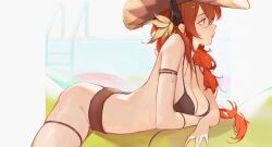 Rule 34 | 1girl, arknights, ass, bare arms, bare legs, bare shoulders, bikini, black bikini, black horns, breasts, cleavage, closed mouth, crossed arms, demon horns, eyyy, feet out of frame, from side, hair between eyes, hair ornament, highres, horns, large breasts, lipstick, long hair, looking ahead, lying, makeup, medium breasts, on stomach, outdoors, pink lips, pool, purple eyes, red hair, shadow, sidelocks, solo, stairs, surtr (arknights), swimsuit, water