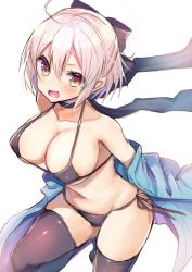 Rule 34 | 1girl, ahoge, ayuma sayu, bikini, black bikini, black bow, black scarf, black thighhighs, blush, bow, breasts, collarbone, fang, fate/grand order, fate (series), haori, japanese clothes, koha-ace, large breasts, legs folded, looking at viewer, navel, off shoulder, okita souji (fate), okita souji (koha-ace), open clothes, open mouth, platinum blonde hair, scarf, short hair, side-tie bikini bottom, simple background, solo, swimsuit, thighhighs, white background, yellow eyes