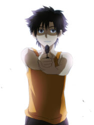 Rule 34 | 1boy, aged down, backlighting, bad id, bad pixiv id, child, emiya kiritsugu, empty eyes, fate/zero, fate (series), gun, handgun, looking at viewer, male focus, ronpa96pepe, shaded face, simple background, solo, tank top, weapon, white background