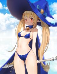 Rule 34 | 1girl, absurdres, annyeongbangawo, arms behind back, bare arms, bare shoulders, bikini, blonde hair, blue bikini, blue cape, blue hat, blue sky, blush, breasts, cape, character request, closed mouth, cloud, cloudy sky, collarbone, day, dungeon and fighter, groin, hat, highres, holding, korean text, long hair, medium breasts, navel, outdoors, pointy ears, red eyes, sky, solo, swimsuit, twintails, very long hair, witch hat
