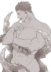 Rule 34 | 1boy, abs, bad id, bad twitter id, bara, completely nude, cowboy shot, dagon (housamo), facial hair, fins, greyscale, groin, hair slicked back, hair strand, hinokumo f, large pectorals, licking, licking finger, long sideburns, male focus, monochrome, muscular, navel, nude, pectorals, short hair, sideburns, solo, stubble, tentacles, tokyo houkago summoners, white background