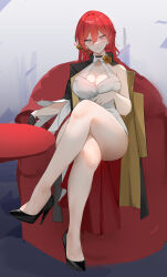 1girl absurdres black_footwear black_gloves breasts cleavage commentary crossed_legs dress gloves hair_between_eyes high_heels highres himeko_(honkai:_star_rail) honkai:_star_rail honkai_(series) large_breasts long_hair looking_at_viewer patent_heels pumps red_hair shoes single_glove sitting smile smurtz solo stiletto_heels thighs white_dress yellow_eyes