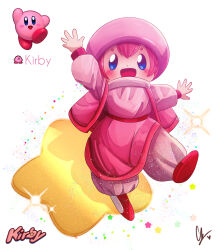 Rule 34 | 1other, :d, absurdres, arm up, arms up, blue eyes, blush stickers, character name, copyright name, creature and personification, endifi, full body, highres, kirby, kirby (series), long sleeves, nintendo, open mouth, pink hair, pink headwear, puffy pants, red footwear, short hair, smile, solo, sparkle, white background