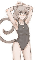 Rule 34 | 1girl, animal ears, armpits, arms up, collarbone, gem, grey eyes, grey hair, highres, jewelry, kuro suto sukii, limited palette, mouse ears, mouse tail, nazrin, necklace, one-piece swimsuit, pendant, solo, swimsuit, tail, touhou