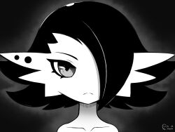 Rule 34 | 1girl, :&lt;, artist logo, black background, closed mouth, collarbone, creatures (company), ear piercing, expressionless, female focus, game freak, gardevoir, gen 3 pokemon, greyscale, hair flaps, hair over one eye, looking at viewer, monochrome, nintendo, one eye covered, piercing, pokemon, pokemon (creature), portrait, short hair, simple background, solo, split mouth, straight-on, winkyfaces