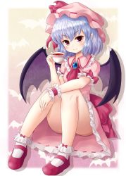 Rule 34 | 1girl, ascot, bare legs, bat wings, blue hair, blush, bobby socks, brooch, closed mouth, convenient leg, cup, hat, hat ribbon, holding, holding cup, jewelry, konatsu hisagi, looking at viewer, mary janes, mob cap, pink skirt, pointy ears, red eyes, red footwear, red ribbon, remilia scarlet, ribbon, ribbon-trimmed skirt, ribbon trim, shoes, sitting, skirt, smile, socks, solo, tea, teacup, thighs, touhou, white socks, wings, wrist cuffs