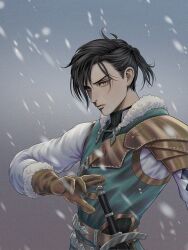 Rule 34 | 1boy, belt, black hair, blurry, blurry background, brown eyes, brown gloves, closed mouth, commentary, english commentary, felix hugo fraldarius, fire emblem, fire emblem: three houses, fur-trimmed gloves, fur trim, gloves, gradient background, highres, male focus, nintendo, sheath, sheathed, short hair, snowing, solo, sword, upper body, weapon, wrainbow13