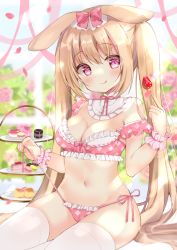 Rule 34 | 1girl, :q, animal ears, bare shoulders, blush, bow, breasts, cake, cake slice, cameltoe, cleavage, dessert, flower, food, fruit, hair bow, hair ornament, hamico, highres, holding, long hair, navel, off shoulder, original, panties, petals, pink bow, pink eyes, pink panties, rose, sidelocks, sitting, small breasts, solo, strap pull, strawberry, thighhighs, tongue, tongue out, twintails, underwear, white thighhighs