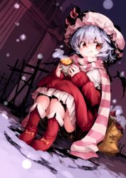 Rule 34 | 1girl, :t, alternate costume, blue hair, boots, derivative work, dutch angle, eating, female focus, food, food on face, hat, junwool, looking at viewer, oshake, red eyes, remilia scarlet, scarf, short hair, sitting, snow, snowing, solo, steam, sweet potato, touhou