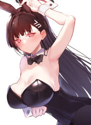 Rule 34 | 1girl, animal ears, arito arayuru, armpits, black hair, black pantyhose, blue archive, blush, bow, bowtie, breasts, cleavage, detached collar, fake animal ears, hair ornament, hairclip, halo, highres, large breasts, leotard, long hair, paid reward available, pantyhose, playboy bunny, rabbit ears, red eyes, rio (blue archive), simple background, solo, white background, wrist cuffs