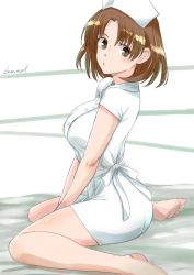 Rule 34 | 1girl, alternate costume, barefoot, breasts, brown eyes, brown hair, chiyoda (kancolle), commentary request, dress, hat, highres, kantai collection, kote (dew), large breasts, looking at viewer, nurse, nurse cap, one-hour drawing challenge, short hair, sitting, solo, wariza, white background, white dress