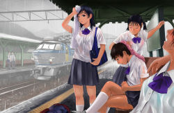 Rule 34 | 4girls, locomotive, mimura kaoru, multiple girls, original, rain, school uniform, see-through, serafuku, tactile paving, towel, train, train station, wet