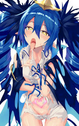 Rule 34 | 1girl, absurdres, bare shoulders, blue hair, blush, bombergirl, breasts, drill hair, finger to tongue, gloves, groin, hair between eyes, heart, heart-shaped pupils, heart tattoo, highres, lewisia aquablue, long hair, long tongue, looking at viewer, open mouth, pointy ears, pubic tattoo, simple background, small breasts, solo, symbol-shaped pupils, tail, tattoo, tongue, tongue out, torn clothes, twin drills, twintails, white background, wrist cuffs, yellow eyes, yoshika (music480069)