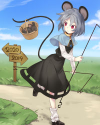 Rule 34 | 1girl, 2020, animal, animal ears, arrow (symbol), asutora, basket, black footwear, black skirt, black vest, blue capelet, capelet, commentary request, day, dowsing rod, grass, grey hair, hair between eyes, jewelry, long sleeves, looking back, mouse (animal), mouse ears, mouse girl, mouse tail, nazrin, outdoors, pendant, pointing, red eyes, road, running, shirt, shoes, short hair, sign, skirt, skirt set, solo, tail, touhou, vest, white legwear, white shirt