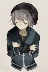 Rule 34 | 1boy, absurdres, alicemare, black headwear, black shirt, blue jacket, chastity2011, closed eyes, closed mouth, clothing request, facing viewer, grey hair, hand on own chest, highres, jacket, joshua bartlett, long sleeves, male focus, shirt, short hair, sketch, solo