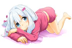Rule 34 | 1girl, bare legs, barefoot, blue eyes, blush, bow, closed mouth, commentary request, crossed arms, eromanga sensei, eyelashes, feet, feet up, furrowed brow, hair bow, hair intakes, highres, izumi sagiri, long hair, long sleeves, looking at viewer, momo (higanbana and girl), pajamas, pink bow, silver hair, solo
