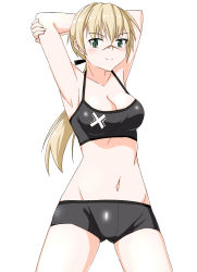Rule 34 | 1girl, absurdres, armpits, bike shorts, blonde hair, blush, breasts, cleavage, green eyes, groin, hanna rudel, highres, hiroshi (hunter-of-kct), long hair, navel, ponytail, simple background, smile, solo, sports bra, strike witches, strike witches: suomus misfits squadron, world witches series