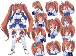 Rule 34 | 1girl, :d, ^ ^, absurdres, animal ears, breasts, closed eyes, closed mouth, commentary, daiwa scarlet (umamusume), expressions, fang, full body, hands on own hips, happy, highres, horse ears, horse girl, horse tail, kurokawa heuy, large breasts, long hair, looking at viewer, multiple views, open mouth, profile, red eyes, red hair, scared, school uniform, shoes, simple background, skin fang, smile, standing, tail, thighhighs, tiara, tracen school uniform, umamusume, white background, white footwear, white thighhighs