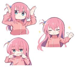 Rule 34 | 1girl, blue eyes, blush stickers, bocchi the rock!, closed eyes, closed mouth, cube hair ornament, gotoh hitori, haemori ako, hair between eyes, hair ornament, jacket, long hair, long sleeves, multiple views, one side up, open mouth, pink hair, pink jacket, simple background, smile, sparkle, track jacket, white background