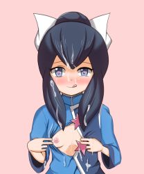 Rule 34 | 1girl, black hair, blue eyes, blue shirt, blush, breasts, creatures (company), cum, cum on body, cum on breasts, cum on clothes, cum on hair, cum on upper body, facial, female focus, flashing, game freak, hair bun, hair ornament, hair ribbon, hands up, heart, heart-shaped pupils, kaimu (qewcon), licking lips, liza (pokemon), long sleeves, looking at viewer, nintendo, nipples, no bra, nose blush, open clothes, pink background, pokemon, pokemon oras, ribbon, shirt, simple background, single hair bun, small breasts, smile, solo, standing, symbol-shaped pupils, textless version, tongue, tongue out, upper body, white ribbon