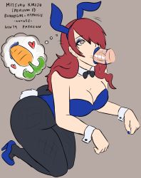 Rule 34 | 10s, 1boy, 1girl, @ @, animal ears, artist name, ass, atlus, bare shoulders, black pantyhose, blue eyeshadow, blue leotard, blue lips, bow, bowtie, breasts, carrot, cleavage, clueless, collar, covering one eye, covering privates, cuffs, dazed, detached collar, disembodied penis, erection, eyeshadow, fake animal ears, fellatio, full body, grey background, hair over one eye, hallucination, heels, high heels, highres, hypnosis, illusion, kirijou mitsuru, kneeling, large breasts, leotard, lipstick mark, long hair, makeup, matching hair/eyes, megami tensei, mind control, nail polish, oral, pantyhose, penis, persona, persona 3, playboy bunny, rabbit ears, rabbit tail, red eyes, red hair, saliva, shin megami tensei, simple background, solo focus, spiral, strapless, strapless leotard, submission, tail, thought bubble, uncensored, wrist cuffs, xxxx52