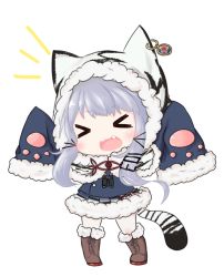 Rule 34 | &gt; &lt;, 1girl, animal hood, animal print, arms up, azur lane, bailingxiao jiu, binoculars, blue shirt, blush, boots, brown footwear, capelet, chang chun (azur lane), chibi, closed eyes, commentary request, cross-laced footwear, facing viewer, fang, full body, fur-trimmed boots, fur-trimmed capelet, fur-trimmed hood, fur-trimmed skirt, fur-trimmed sleeves, fur trim, hair ornament, hairclip, hood, hooded capelet, knee boots, lace-up boots, long hair, long sleeves, open mouth, pantyhose, print capelet, shirt, sidelocks, silver hair, simple background, skirt, sleeves past fingers, sleeves past wrists, solo, standing, star (symbol), tail, tiger hood, tiger print, tiger tail, wavy mouth, white background, white capelet, white pantyhose, wide sleeves