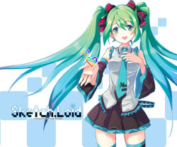 Rule 34 | 1girl, aqua hair, aqua nails, bad id, bad pixiv id, bare shoulders, blue hair, detached sleeves, gradient hair, green eyes, green hair, hand on own chest, hatsune miku, heart, jin young-in, long hair, looking at viewer, matching hair/eyes, multicolored hair, nail polish, necktie, open mouth, smile, solo, spring onion, themed object, thighhighs, twintails, vocaloid, zettai ryouiki