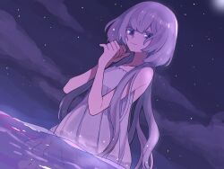 Rule 34 | 1girl, colored eyelashes, dress, grey hair, highres, long hair, looking to the side, maco22, night, night sky, original, partially submerged, purple eyes, sky, smile, solo, star (sky), starry sky, very long hair, water