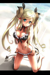 Rule 34 | 1girl, :o, barefoot, beach, bikini, black bikini, blonde hair, blush, breasts, cleavage, demon girl, demon tail, frilled bikini, frills, front-tie top, full body, green eyes, hands on own hips, horns, katahira masashi, kneeling, large breasts, letterboxed, light rays, looking at viewer, navel, original, pointy ears, solo, sunbeam, sunlight, swimsuit, tail, twintails