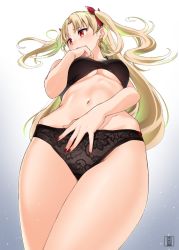 Rule 34 | 1girl, bare arms, black bra, black panties, blush, bra, breasts, earrings, ereshkigal (fate), fate/grand order, fate (series), from below, gradient background, grey background, groin, hair ribbon, hand on own chest, hand up, infinity symbol, jewelry, long hair, looking away, looking to the side, medium breasts, murio, nail polish, navel, panties, parted bangs, red eyes, red nails, red ribbon, ribbon, signature, solo, standing, stomach, thighs, tohsaka rin, two side up, underboob, underwear, underwear only, very long hair