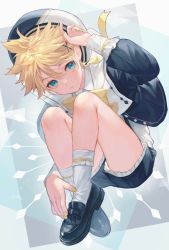 Rule 34 | 1boy, alternate costume, black footwear, blonde hair, blue eyes, blue jacket, commentary request, frilled shorts, frills, full body, hair between eyes, hair ornament, hairclip, hand up, hat, highres, invisible chair, jacket, kagamine len, knees to chest, leaning forward, legs, long sleeves, nail polish, ribbon, sailor hat, shadow, shinotarou (nagunaguex), short hair, shorts, sitting, socks, solo, vocaloid, white socks, yellow nails, yellow ribbon