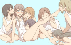 Rule 34 | 6+girls, absurdres, bare arms, bare legs, barefoot, betock, black hair, blue background, blue eyes, blush, brown hair, closed mouth, collarbone, commentary request, kissing ear, embarrassed, closed eyes, feet, kissing foot, kissing hand, harem, highres, kiss, kissing leg, long hair, long shirt, looking at viewer, medium hair, multiple girls, orange hair, original, seiza, shirt, simple background, sitting, kissing stomach, white shirt, yuri