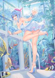 Rule 34 | 1girl, absurdres, arms up, atdan, bare arms, bare legs, bare shoulders, barefoot, blue hair, feet, haiyi, highres, solo, synthesizer v