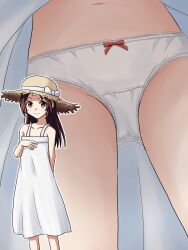 1girl arm_behind_back bow bow_panties brown_eyes brown_hair brown_hat closed_mouth commentary_request commission crotch_seam dress hand_on_own_chest hat hat_bow highres lace lace-trimmed_panties lace_trim lielos long_hair looking_at_viewer medium_dress mtu_virus multiple_views navel original panties partial_commentary pixiv_commission smile standing straw_hat sun_hat sundress underwear white_bow white_dress white_panties