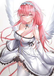 Rule 34 | 1girl, angel wings, azur lane, bare shoulders, blush, braid, breasts, cleavage, collar, dress, frilled dress, frills, highres, large breasts, long hair, looking at viewer, maid headdress, naga (pixiv70891418), perseus (azur lane), pink eyes, pink hair, solo, thighhighs, very long hair, white background, white dress, white thighhighs, wings