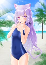 Rule 34 | 1girl, ahoge, animal ear fluff, animal ears, beach, blue one-piece swimsuit, blue sky, cat ears, cat tail, cloud, commentary request, commission, competition school swimsuit, day, heart, heart tail, heterochromia, highres, horizon, indie virtual youtuber, long hair, mikeneko (vtuber), mikeneko (vtuber) (2nd costume), ocean, one-piece swimsuit, outdoors, palm tree, pixiv commission, purple eyes, purple hair, red eyes, school swimsuit, sky, solo, surgate matias, swimsuit, tail, tree, utaite, virtual youtuber