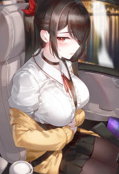 Rule 34 | 1girl, black choker, black hair, black skirt, blush, braid, breasts, brown pantyhose, car interior, center frills, choker, closed mouth, collared shirt, cup, disposable cup, frilled shirt, frills, hair ribbon, highres, jacket, kfr, large breasts, long hair, long sleeves, mini person, minigirl, neck ribbon, off shoulder, open clothes, open jacket, original, pantyhose, pink lips, pleated skirt, ponytail, red eyes, red ribbon, ribbon, seat, shirt, single braid, sitting, skirt, sleeves past wrists, solo, yellow jacket