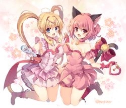 Rule 34 | 2girls, ahoge, animal ears, bare shoulders, blonde hair, blue eyes, bow, cat ears, cat tail, choker, commentary, crossover, dress, fang, foreshortening, gloves, hair intakes, holding, holding hands, holding wand, jumping, looking at viewer, magical girl, mermaid melody pichi pichi pitch, mew ichigo, momomiya ichigo, multiple girls, nanami lucia, open mouth, pink bow, pink dress, pink eyes, pink footwear, pink gloves, pink hair, pointing, pointing at viewer, red bow, red gloves, rento (rukeai), short hair, smile, tail, tokyo mew mew, twintails, wand