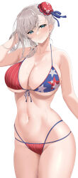Rule 34 | 1girl, absurdres, american flag bikini, american flag print, bare arms, bare shoulders, bikini, blue eyes, blush, breasts, bun cover, cleavage, closed mouth, collarbone, commentary, cowboy shot, fate/grand order, fate (series), flag print, grey hair, hand in own hair, hand up, highres, large breasts, looking at viewer, miyamoto musashi (fate), miyamoto musashi (fate/grand order), miyamoto musashi (swimsuit berserker) (fate), miyamoto musashi (swimsuit berserker) (second ascension) (fate), navel, oidoden2535, print bikini, simple background, smile, solo, swimsuit, thighs, underboob, white background
