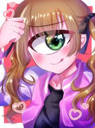 Rule 34 | 1girl, :q, azen (mntimcczgrtn), black bow, black shirt, bow, brown hair, cyclops, eye focus, green eyes, hair bow, heart, highres, jacket, looking at viewer, one-eyed, original, pink jacket, shirt, smile, solo, tehepero, tongue, tongue out, twintails, upper body