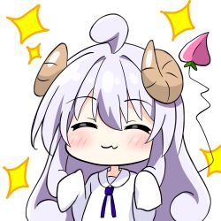 1girl :3 ^_^ ahoge blush brown_horns closed_eyes closed_mouth collared_dress commentary_request curled_horns curly_hair demon_girl demon_tail dress facing_viewer hair_between_eyes hands_up highres horns kotatsu-mazoku lilith_(machikado_mazoku) lilith_(machikado_mazoku)_(homunculus) long_hair long_sleeves machikado_mazoku neck_ribbon portrait purple_hair purple_ribbon ribbon sidelocks simple_background sleeves_past_fingers sleeves_past_wrists smile solo sparkle tail white_background white_dress