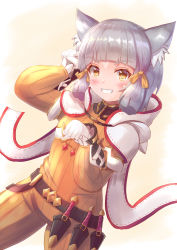 Rule 34 | 1girl, animal ear fluff, animal ears, belt, blunt bangs, blush, bodysuit, breasts, cat ears, cocoasabure, dutch angle, fangs, gloves, grey hair, hair ornament, happy, highres, looking at viewer, nia (xenoblade), nintendo, scarf, short hair, small breasts, smile, solo, white gloves, xenoblade chronicles (series), xenoblade chronicles 2, yellow bodysuit, yellow eyes