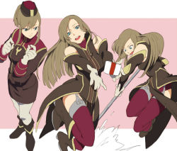 Rule 34 | 00s, 1girl, bad id, bad pixiv id, bare shoulders, blue eyes, boots, brown hair, detached sleeves, face, gloves, hat, long hair, mineji, official alternate costume, open mouth, pantyhose, tabard, tales of (series), tales of the abyss, tear grants, thighhighs