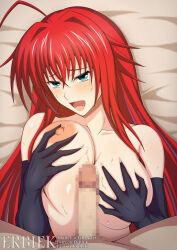 Rule 34 | 1boy, 1girl, ahoge, artist name, bed sheet, black gloves, blue eyes, boy on top, breasts, censored, collarbone, commentary, crossed bangs, elbow gloves, english commentary, gloves, grabbing own breast, hair between eyes, hetero, high school dxd, large breasts, long hair, looking at viewer, lying, minaisu, mosaic censoring, nipples, on back, open mouth, paid reward available, penis, red hair, rias gremory, solo focus, unaligned breasts