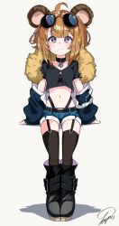 Rule 34 | 1girl, aged down, ahoge, animal ears, bear ears, black thighhighs, blush, boots, choker, commentary, eyewear on head, fur-trimmed jacket, fur trim, garter straps, girls&#039; frontline, grizzly mkv (girls&#039; frontline), grizzly mkv (teddy transform!) (girls&#039; frontline), highres, jacket, looking at viewer, navel, off shoulder, official alternate costume, orange hair, purple eyes, short hair, shorts, signature, simple background, sitting, smile, solo, stomach, sunglasses, thighhighs, tosyeo