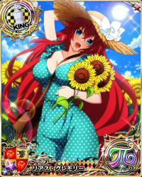 Rule 34 | 1girl, blue eyes, breasts, card (medium), chess piece, female focus, flower, hat, high school dxd, king (chess), large breasts, long hair, looking at viewer, official art, red hair, rias gremory, smile, sunflower