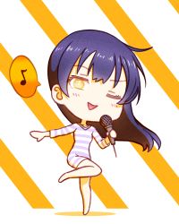 Rule 34 | 1girl, ;), artist name, artist request, bare legs, barefoot, blue hair, blush, breasts, chibi, feet, female focus, floating hair, full body, hair between eyes, holding, holding microphone, long hair, looking at viewer, love live!, love live! school idol festival, love live! school idol project, microphone, musical note, one eye closed, pajamas, parted lips, purple pajamas, shirt, shorts, small breasts, smile, solo, sonoda umi, speech bubble, standing, standing on one leg, striped background, striped clothes, striped pajamas, striped shirt, striped shorts, wavy hair, white pajamas, wink, yellow eyes